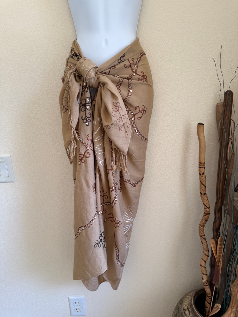 Sarong Wrap Tan Brown Embroidered Sequin Beach Cover Up Shawl 66x44